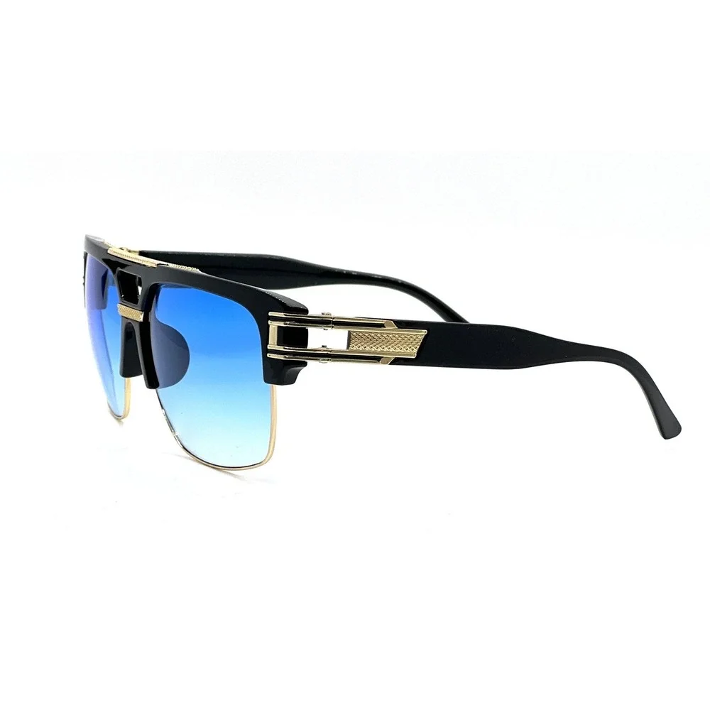Designer Sunglasses Oversized Square Flat Top Gold Accent Blue Lens Retro Vintag